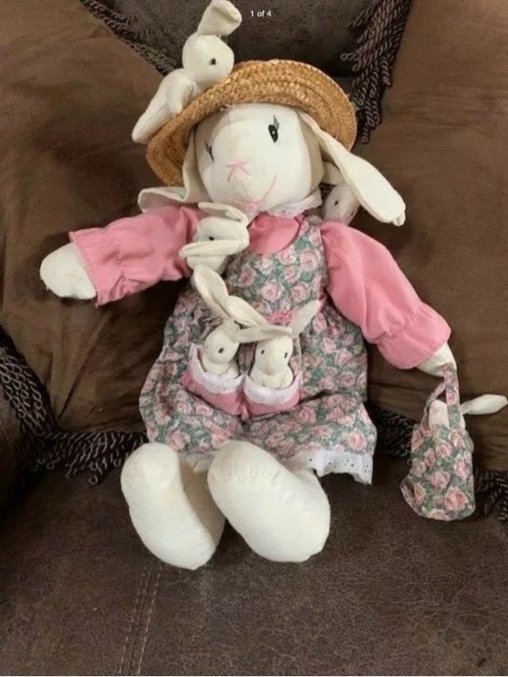 Handmade Plush Bunny Doll in Pink Floral Dress